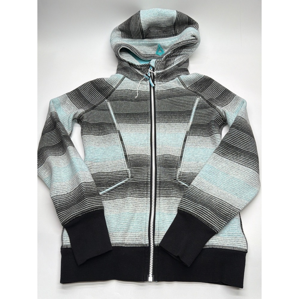 Ivivva Women Full Zip Striped Hoodie Grey Turquoise Thumbholes Activewear Jacket